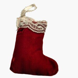 Victorian Red Velvet Mini Christmas Stocking Ornament Lace Trim Ribbon